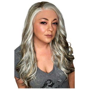 Gray Brown Silver Tinsel Highlights Synthetic Body Wave Long Lace Front Wig